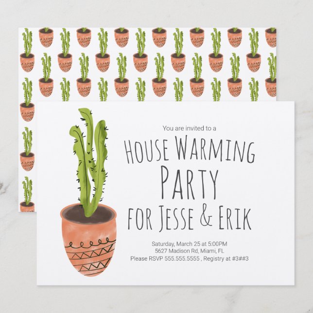 Invitation Plante de cactus dessinée à la main pour une fête  (Devant / Derrière)
