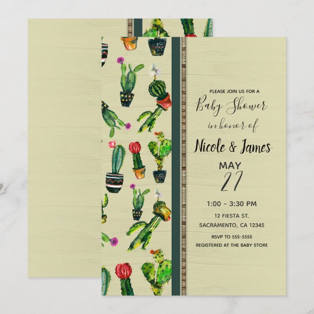 Invitation Plante de cactus du sud-ouest pour Baby Shower Nat (Devant / Derrière)