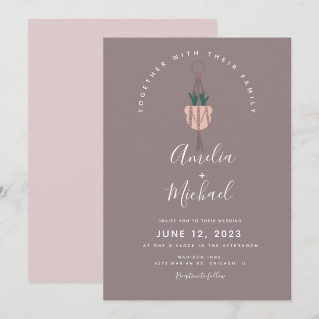 Invitation Plante de cactus moderne en macramé pour mariage b (Devant / Derrière)