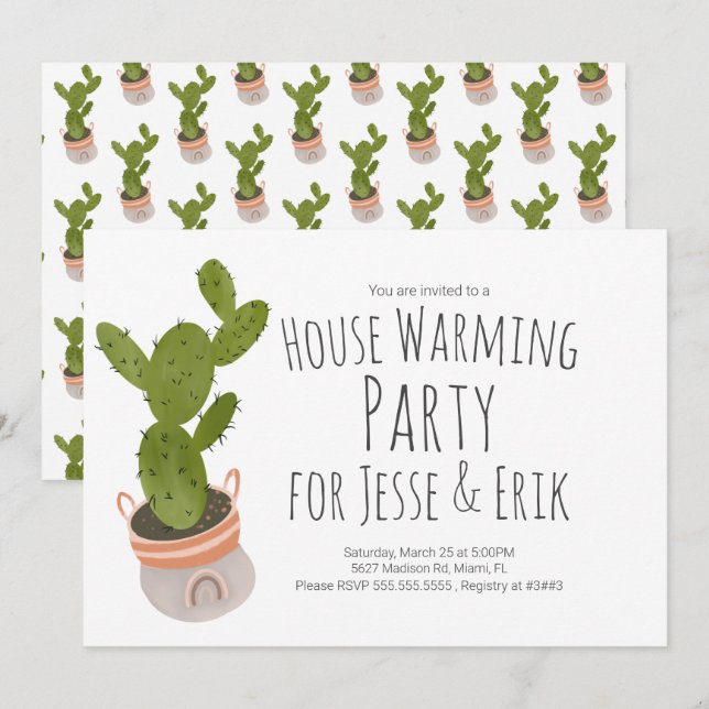 Invitation Plante de cactus pour pendaison de crémaillère des (Devant / Derrière)