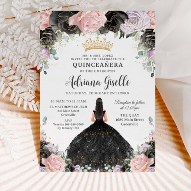Invitation Plante noire rose violet or Quinceanera Sweet 16 (Créateur téléchargé)