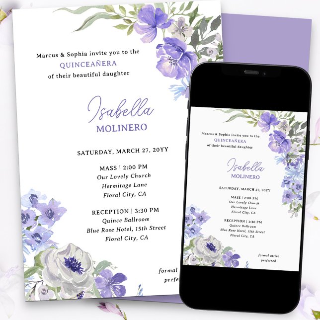 Invitation Plante Peri Floral Elegant Quinceanera et Masse (Purple floral quinceanera invitation)