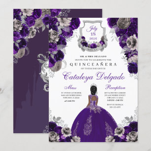Invitation Plante violette & Argent Floral Elegant Quinceañer