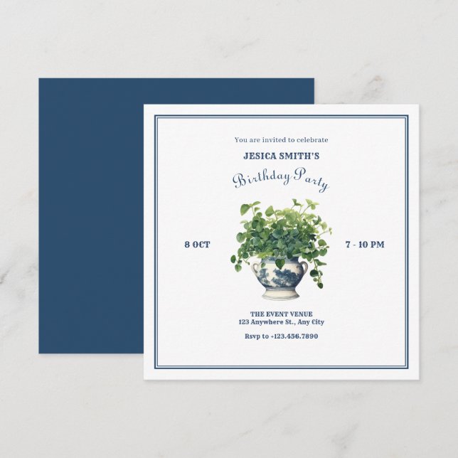 Invitation Plantes avec vase antique anniversaire (Devant / Derrière)