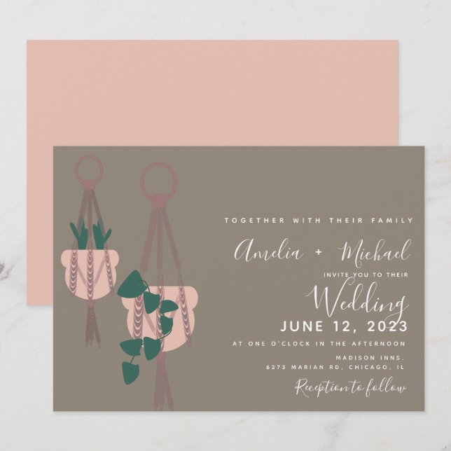 Invitation Plantes de cactus modernes en macramé pour mariage (Devant / Derrière)