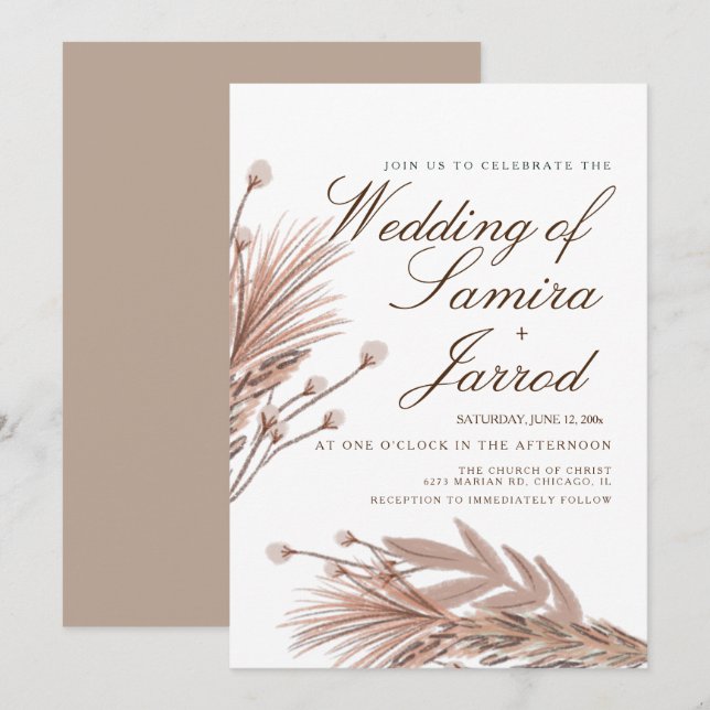 Invitation Plantes de coton des Pampas botaniques  Mariage (Devant / Derrière)
