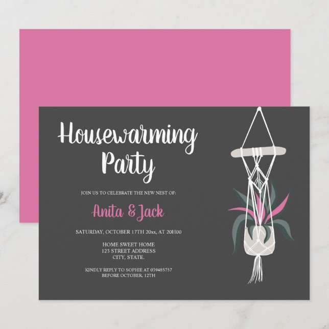 Invitation Plantes de maison boho florales gris rose cadeau d (Devant / Derrière)