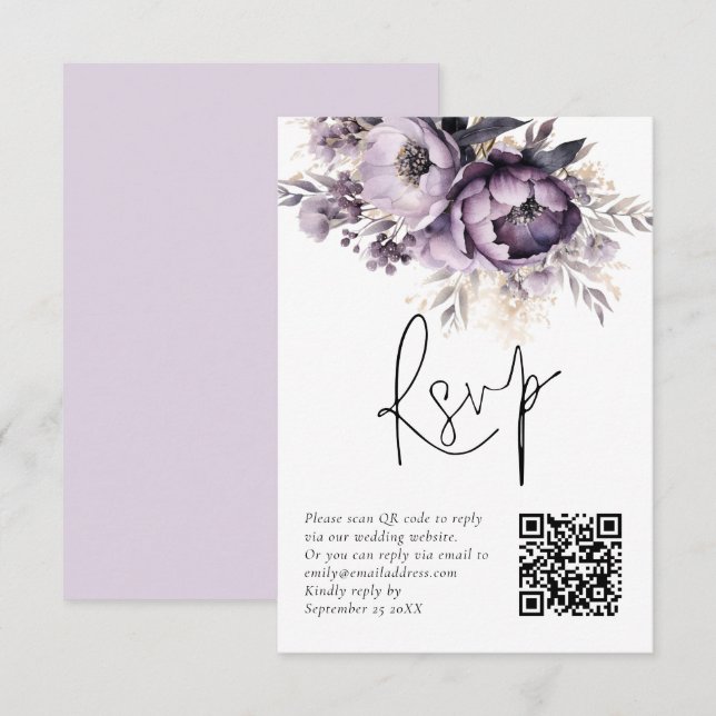Invitation Plantes violettes Lilac Florals QR Code Mariage Ca (Devant / Derrière)