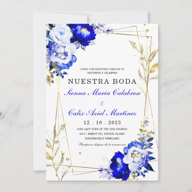 Invitation Plantilla de boda en azul real y dorado (Devant)