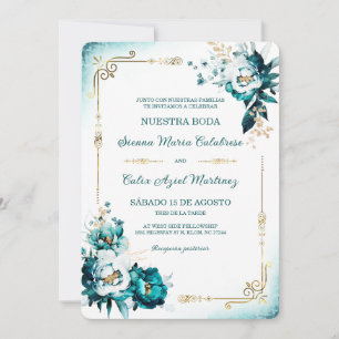 Invitation Plantilla de Boda Verde Azulado y Dorado