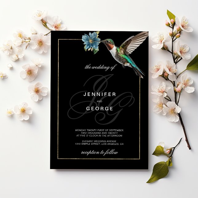 Invitation Plaques en or noir monogramme mariage colibri (Black gold monogram initials hummingbird wedding)