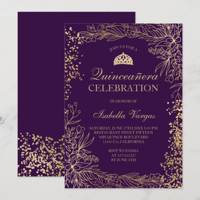 Invitation Plat or violet Tiara chic Quinceañera (Devant / Derrière)