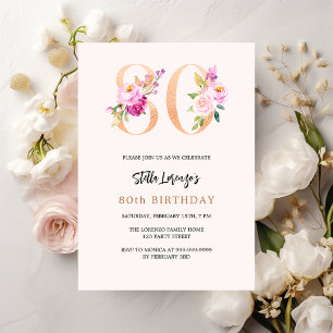 Invitation Plat pêche rose nombre or 80e anniversaire luxe