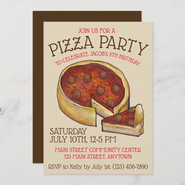 Invitation Plat profond Pepperoni Pizza Pie fête d'anniversai (Devant / Derrière)