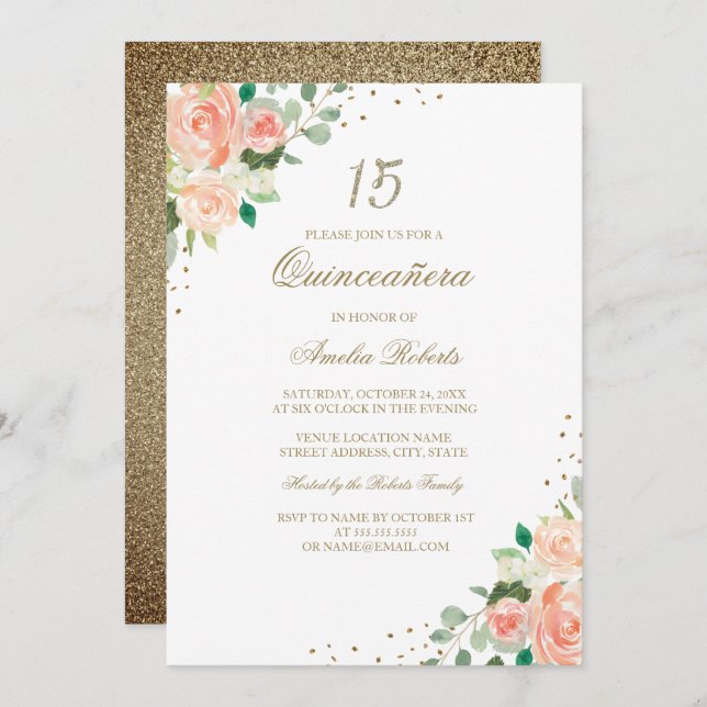 Invitation Plat Rose or Floral Quinceanera (Devant / Derrière)