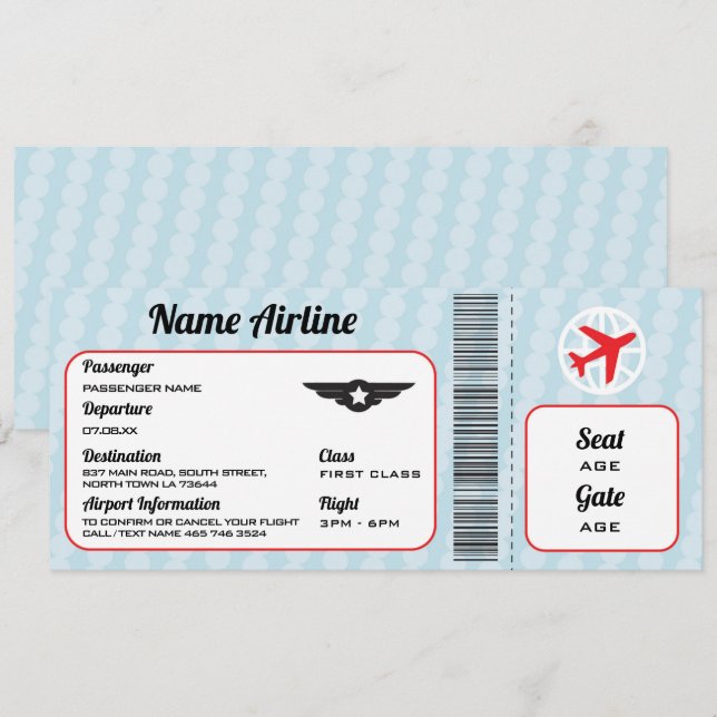 Invitation plate de partie de billet d'avion (Devant / Derrière)