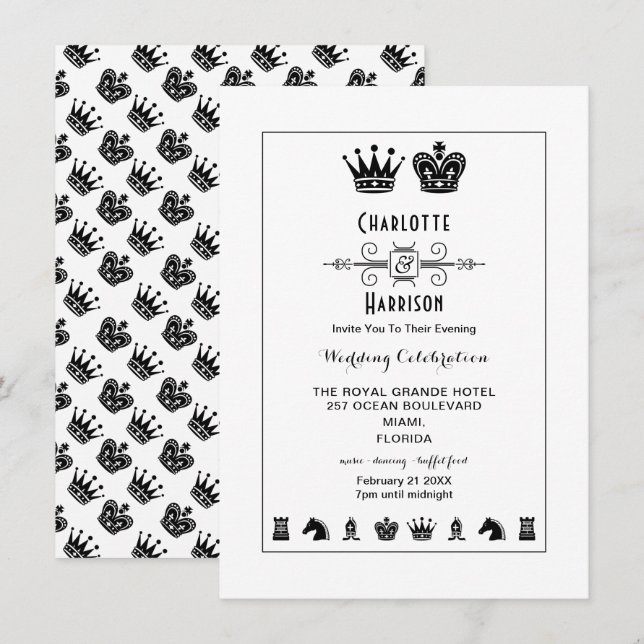 Invitation Plateau de Jeu d'Échecs Roi et Reine Soirée de Mar (Devant / Derrière)