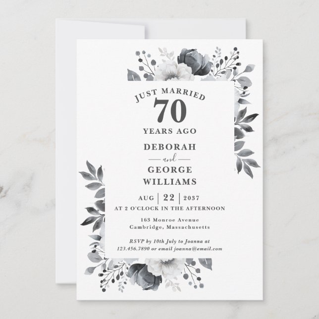 Invitation Platine 70e anniversaire Mariage Monogramme Floral (Devant)