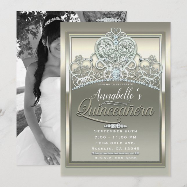 Invitation Platine ivoire Princesse Coeur Tiara Quinceañera (Devant / Derrière)