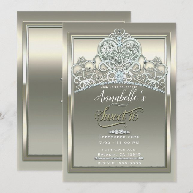 Invitation Platine ivoire Princesse Coeur Tiara Sweet 16 Part (Devant / Derrière)