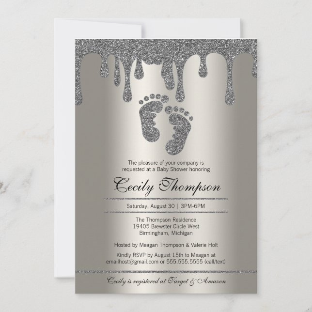 Invitation Platine Parties scintillant Drip Luxury Baby Feet  (Devant)