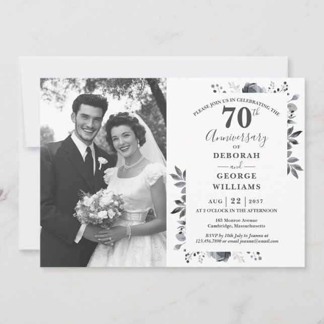 Invitation Platinum Floral 70e anniversaire Mariage Photo (Devant)