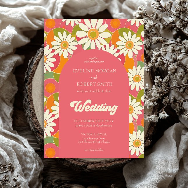 Invitation Plats super rétro rose et blanc (Retro groovy orange pink and green flowers wedding invitation)