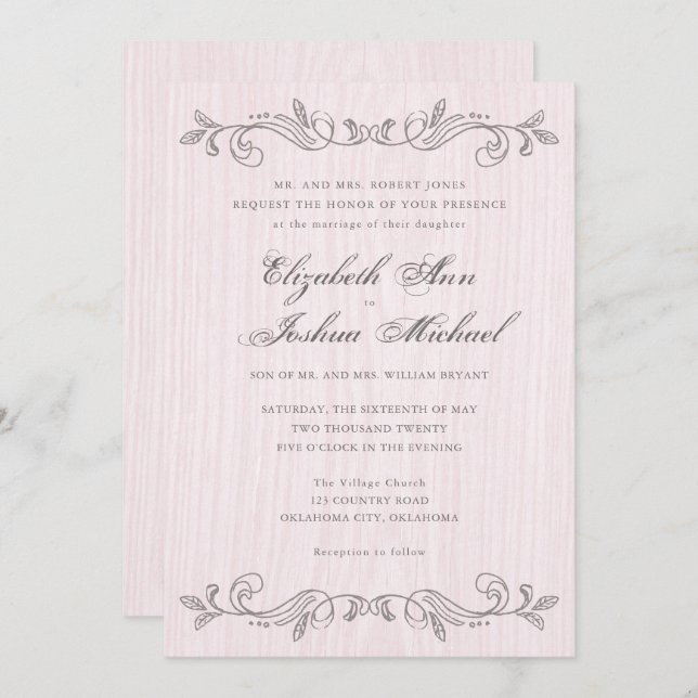 Invitation Plats Vintages rose et gris Mariage (Devant / Derrière)