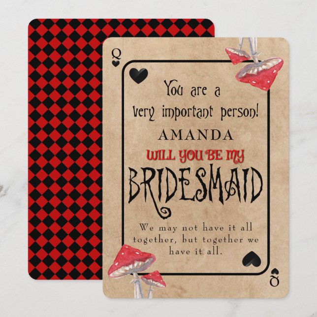 Invitation Playing Card Crazy Mushrooms Bridesmaid (Devant / Derrière)