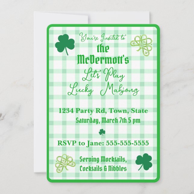 Invitation Playing Lucky Mahjong Watercolor Shamrocks  (Devant)
