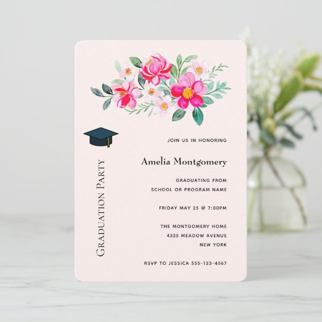 Invitation Playty Pretty Rose Flower Bouquet Graduation (Debout devant)