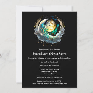 Invitation Pleine lune céleste noir vert brillant ciel noctur