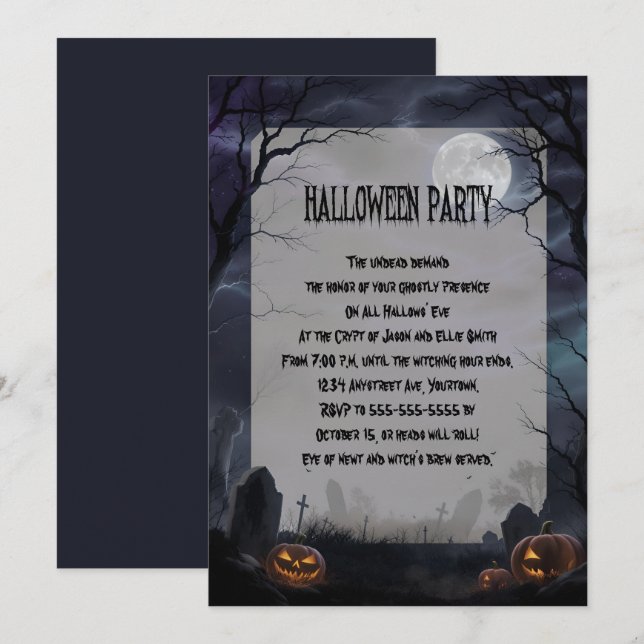 Invitation Pleine Lune dans une Fête d'Halloween de Cimetière (Devant / Derrière)