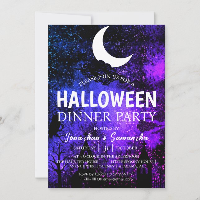 Invitation Pleine lune de nuit Simple Bats Halloween Dîner (Devant)