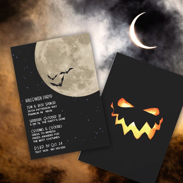 Invitation Pleine lune éffrayante chauves-souris Halloween Co (It's a full moon and the bats are flying.  Watch out for things that go bump in the night! )