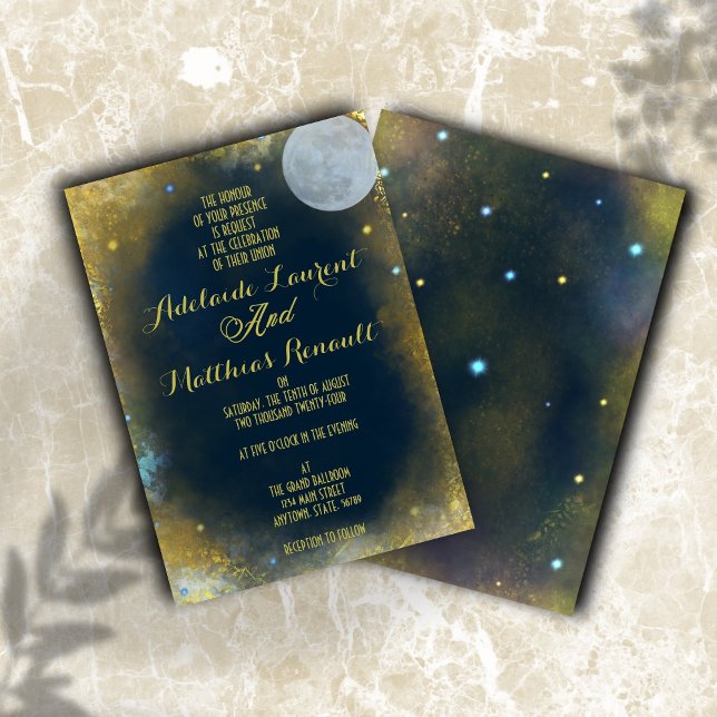 Invitation Pleine lune élégante Mariage céleste : Bleu & Or (Créateur téléchargé)