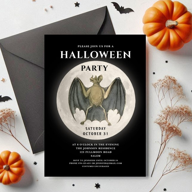 Invitation Pleine lune vintage Bat Halloween (Vintage Full Moon Bat Halloween Party Invitation)