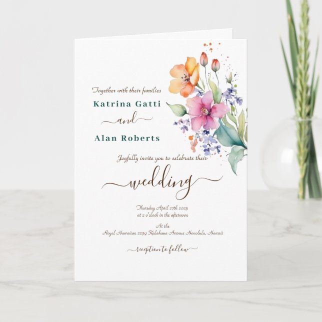 Invitation pliée en fleurs de pêche rose jaune (Devant)