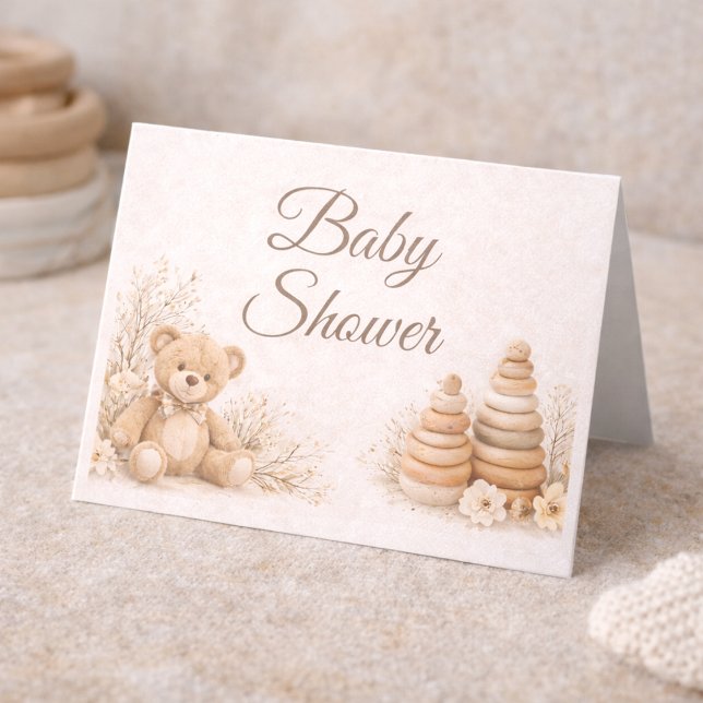 Invitation pliée pour une baby shower Teddy Neutre (Soft beige tones with plush bear detail for a calm and beautifully styled baby shower)