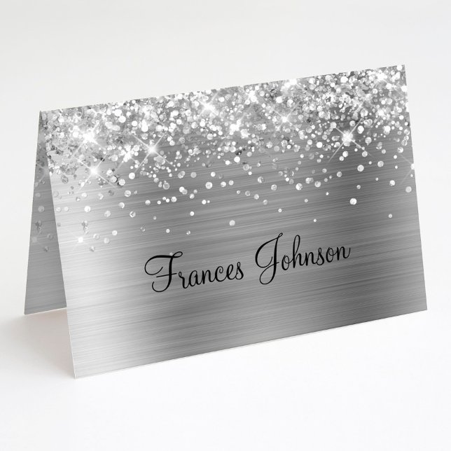 Invitation Plier votre propre Glittery Silver Name Place Card (Fold Your Own Glittery Blue Name Place Cards)