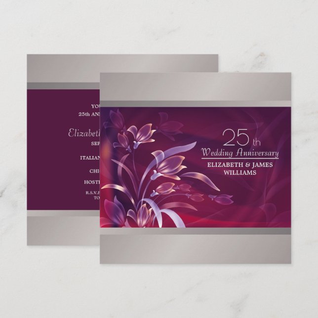 Invitation Plim | Soirée du 25e anniversaire Silver Floral (Devant / Derrière)
