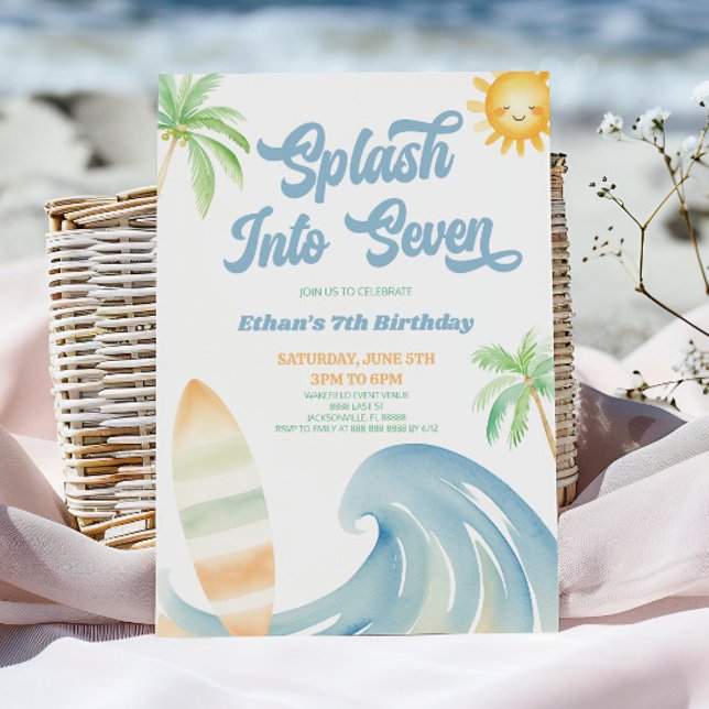 Invitation Plonge dans la fête d'anniversaire de 7 ans Beach  (Créateur téléchargé)