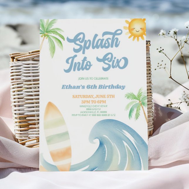 Invitation Plonge dans Six Fête d'anniversaire de 6 ans Surf  (Créateur téléchargé)