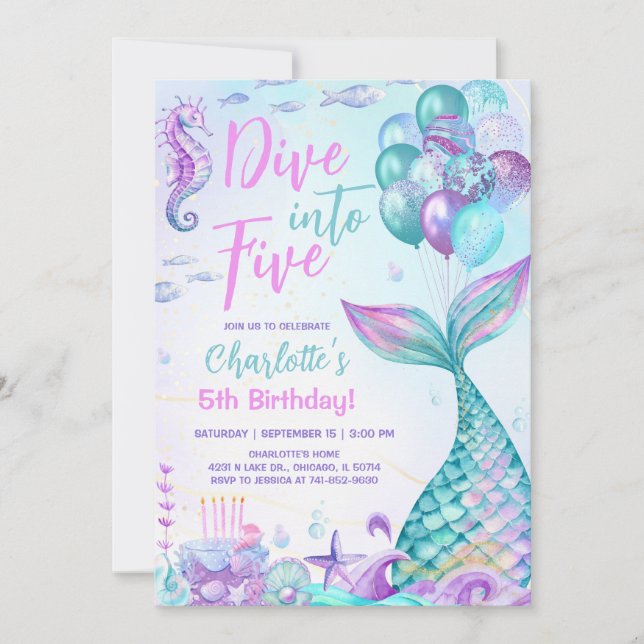 Invitation Plongeon de Sirène pour un Cinquième Anniversaire (Devant)