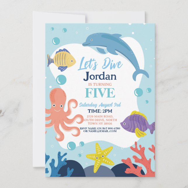 Invitation Plongeons dans le 5ème Océan Dauphin Pieuvre Mer (Devant)