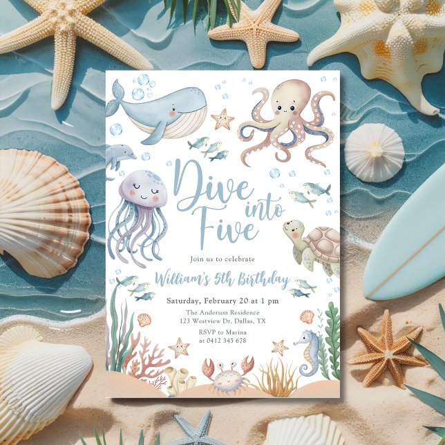 Invitation Plongez dans cinq animaux océaniques 5e anniversai (Créateur téléchargé)