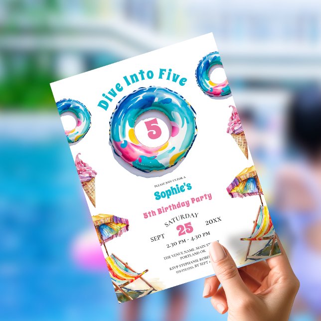 Invitation Plongez dans cinq ans Fête d'anniversaire d'été  (Créateur téléchargé)