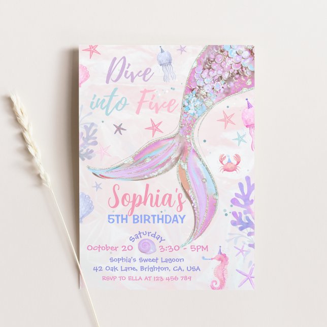 Invitation Plongez dans cinq ans, fille d'anniversaire pastel (Dive Into Five Mermaid Birthday Girl Pastel Pink Invitation)