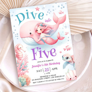 Invitation Plongez dans cinq ans ! Fille sirène rose 5e anniv