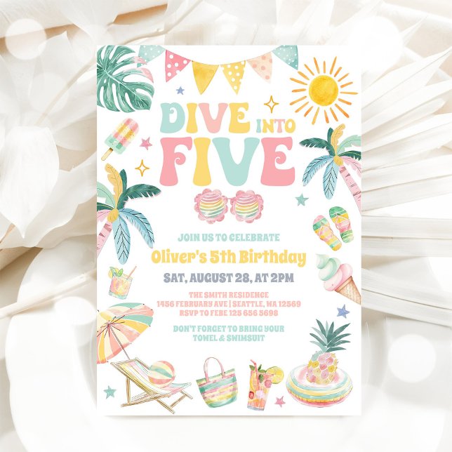 Invitation Plongez dans cinq fête de plage d'été 5ème anniver (Créateur téléchargé)